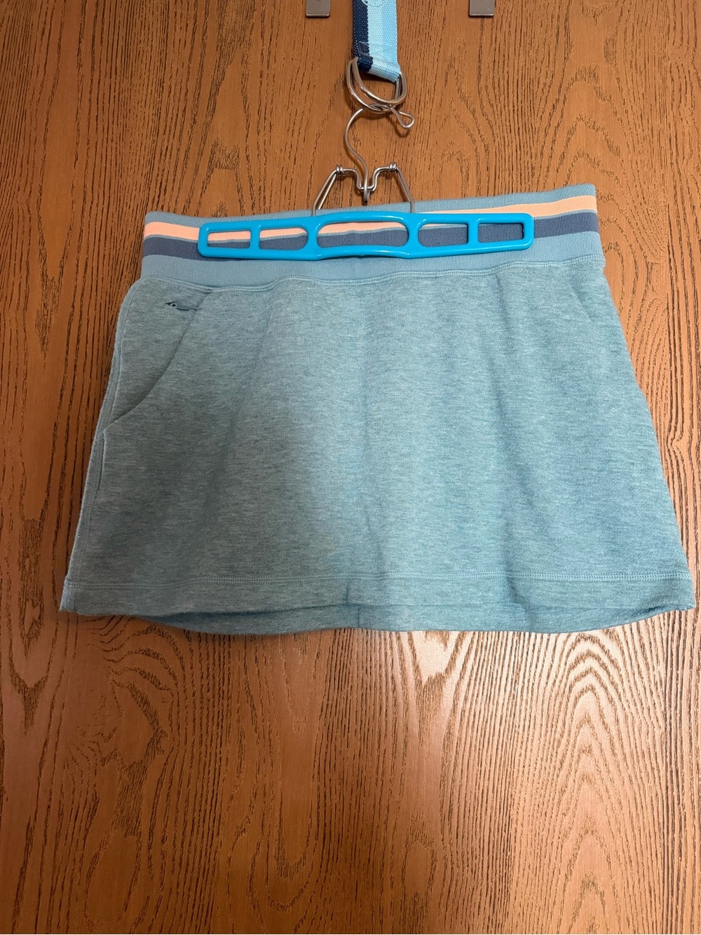 Title Nine Heathered Blue Mini Skirt with Peach-Striped Waistband